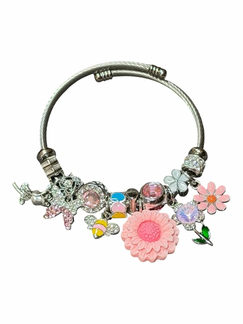 Silver Charm Adjustable Twisted Bangle with Pink Flower and Crystal Accents